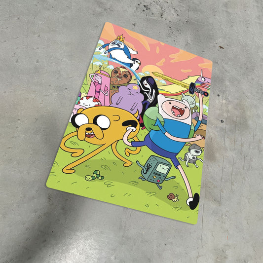Adventure Time cast cartoon metal poster featuring Finn, Jake, and friends laid flat on a textured concrete surface.
