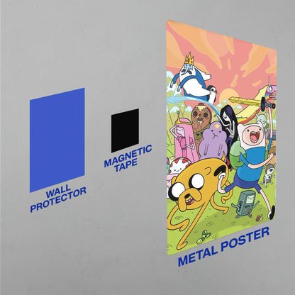 Easy three-step installation guide for Adventure Time metal poster showing wall protector, magnetic tape, and hanging art.