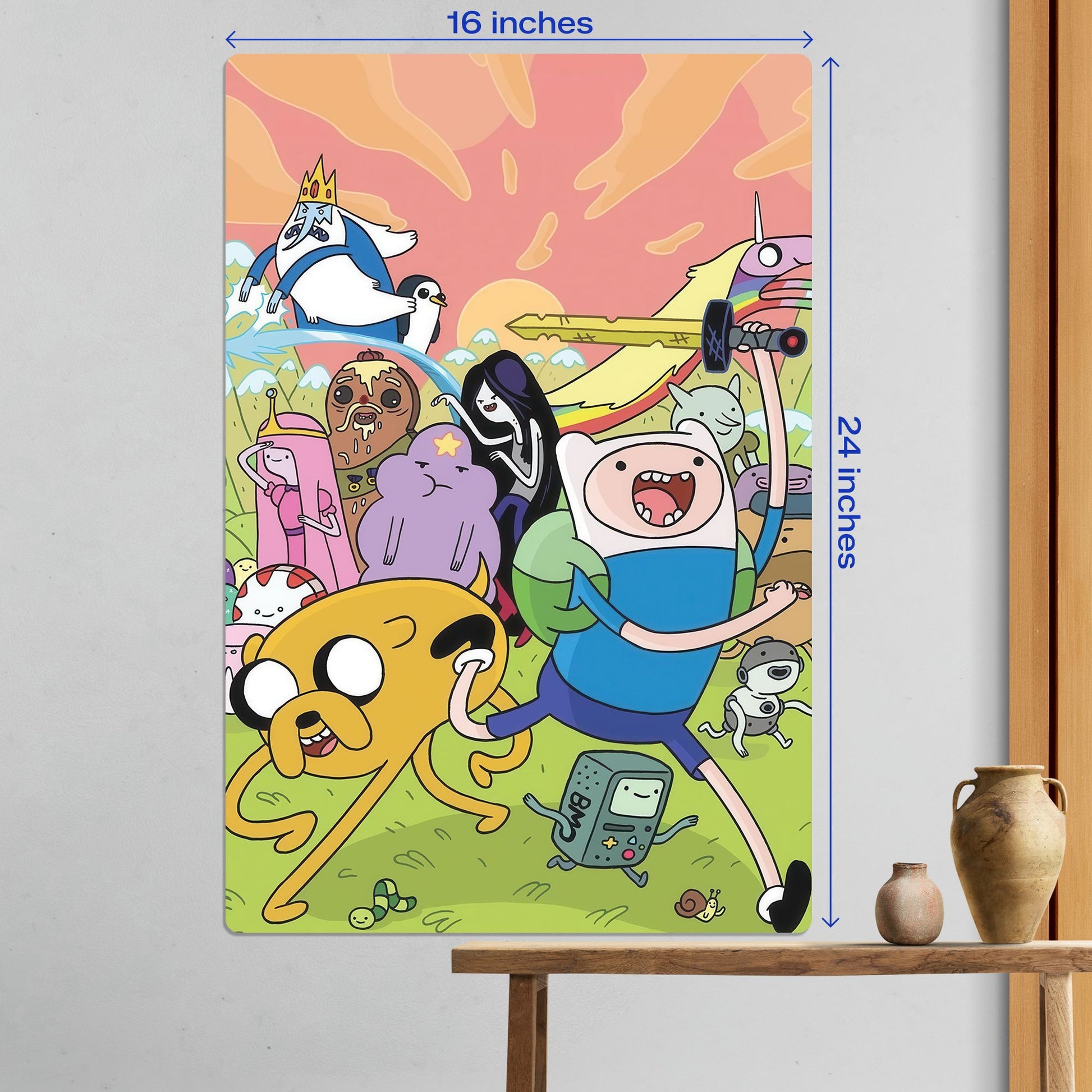 Large 16x24 inch Adventure Time cast cartoon metal poster mounted on a white wall above a wooden table.