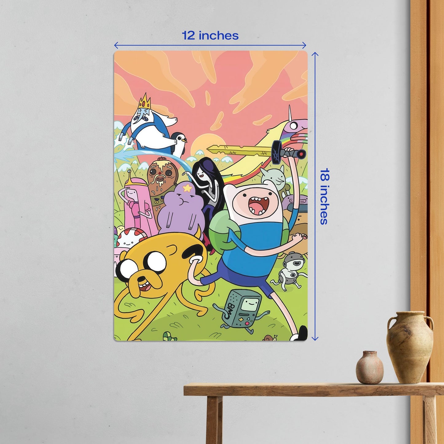 Medium 12x18 inch Adventure Time cast cartoon metal poster mounted on a wall for dimension and scale reference.