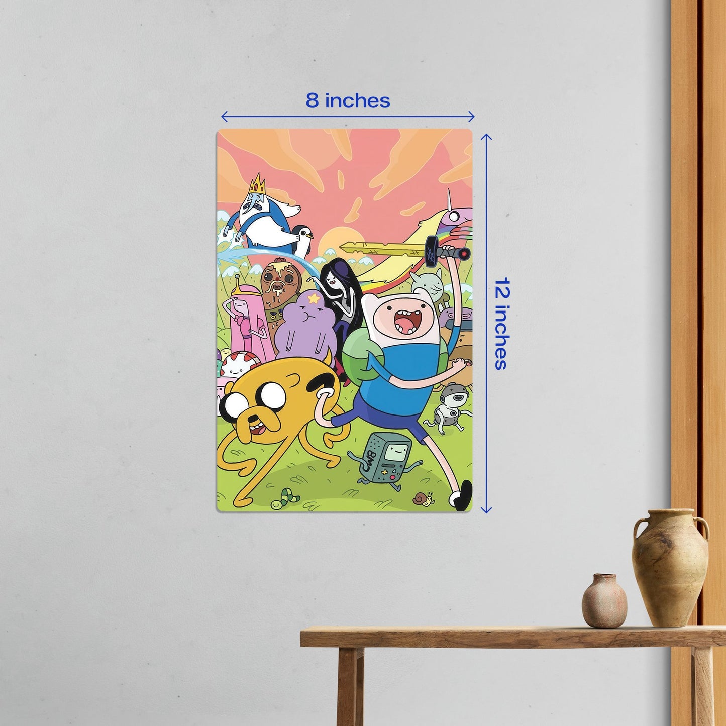 Small 8x12 inch Adventure Time cast cartoon metal poster displayed on a wall to show compact size in a home setting.