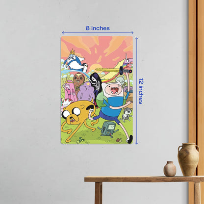 Small 8x12 inch Adventure Time cast cartoon metal poster displayed on a wall to show compact size in a home setting.