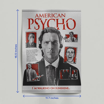 A hand holding up an American Psycho collage noir poster featuring Patrick Bateman outdoors against a blurred white textured background.