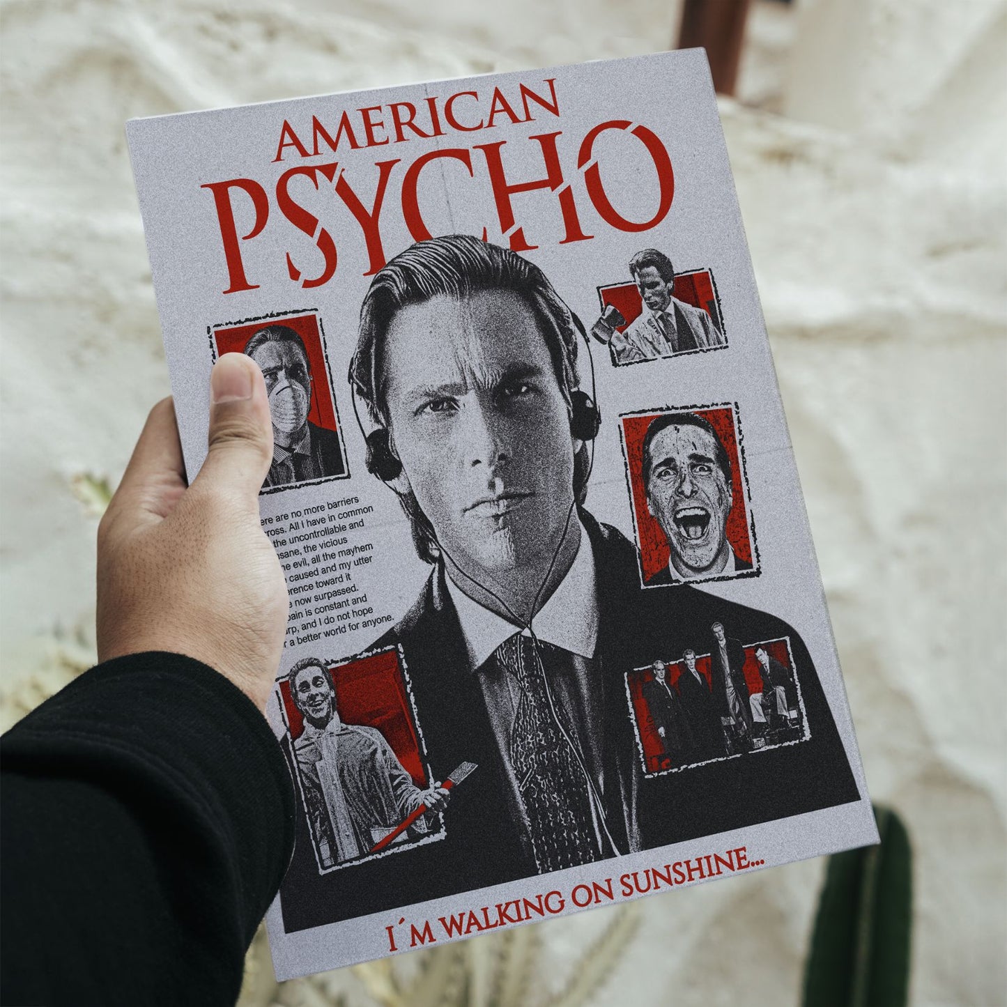 Large American Psycho collage noir poster featuring Patrick Bateman with dimensions indicated as 16.5 inches height by 11.7 inches width.
