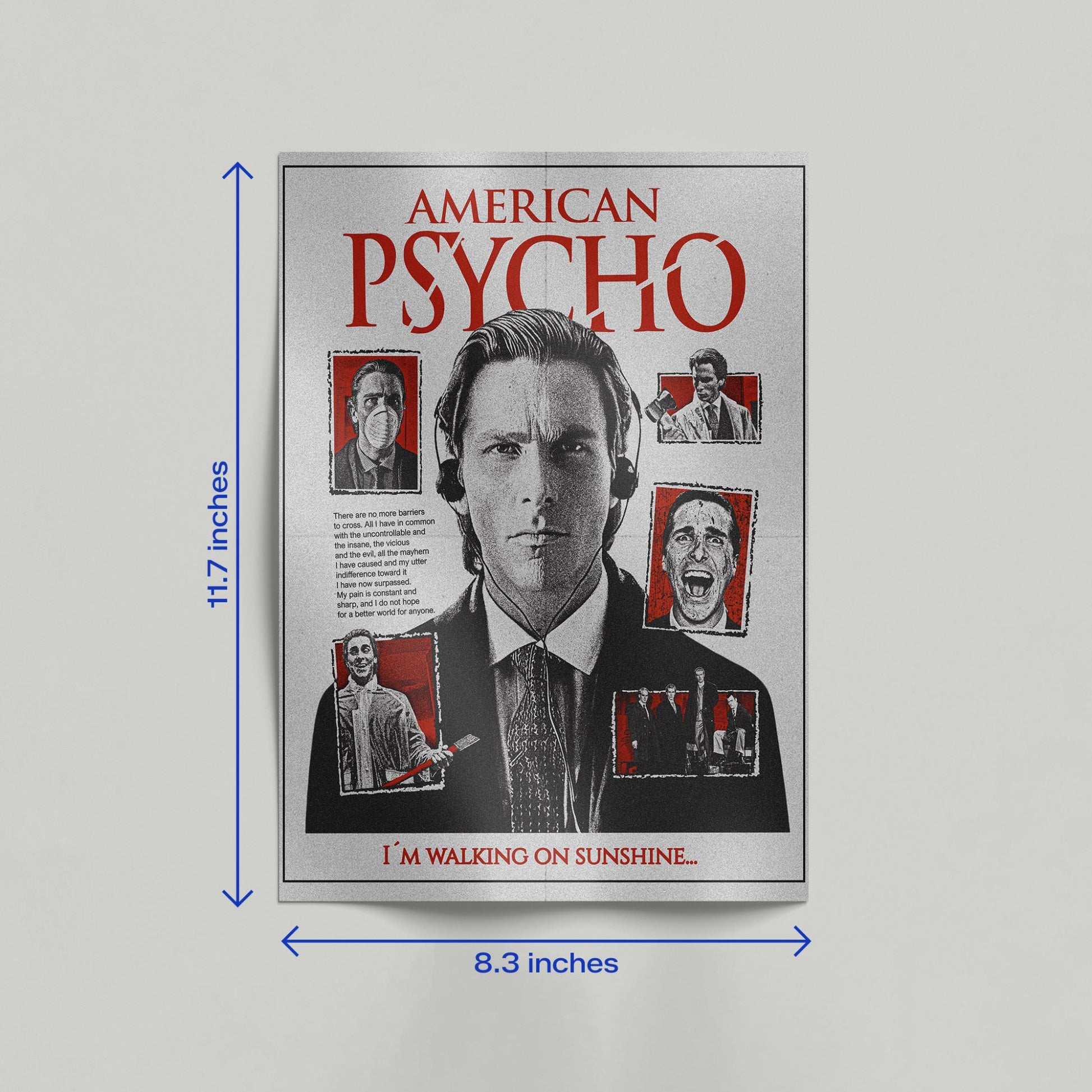 American Psycho collage noir poster featuring Patrick Bateman leaning against a beige wall on a wooden floor.