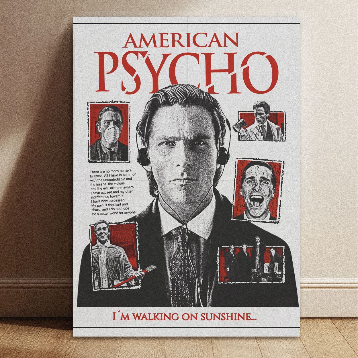 American Psycho collage noir poster featuring Patrick Bateman with dimensions indicated as 11.7 inches height by 8.3 inches width.