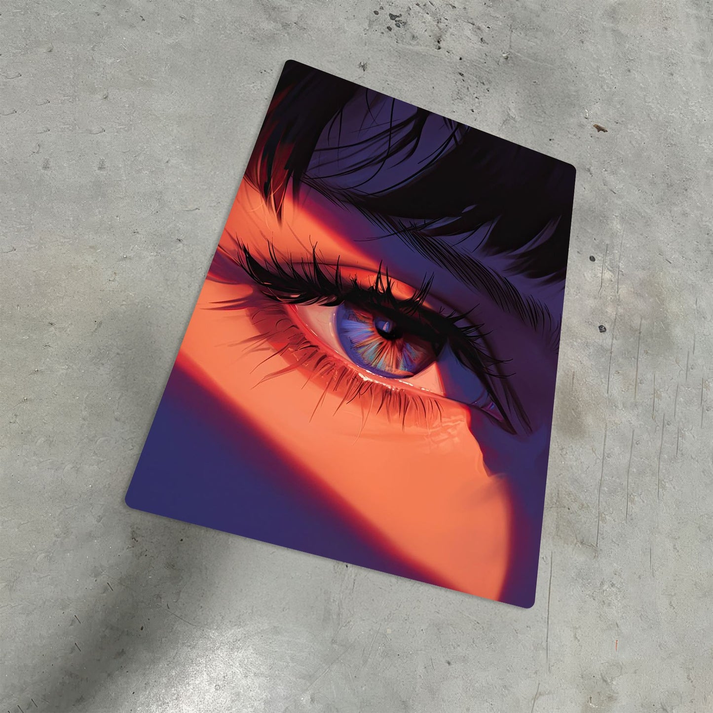 anime girl aesthetic eye close up metal poster on concrete floor