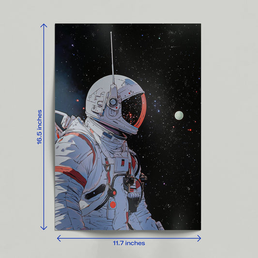 A person holding an astronaut space voyager art print to demonstrate the matte finish and paper quality.