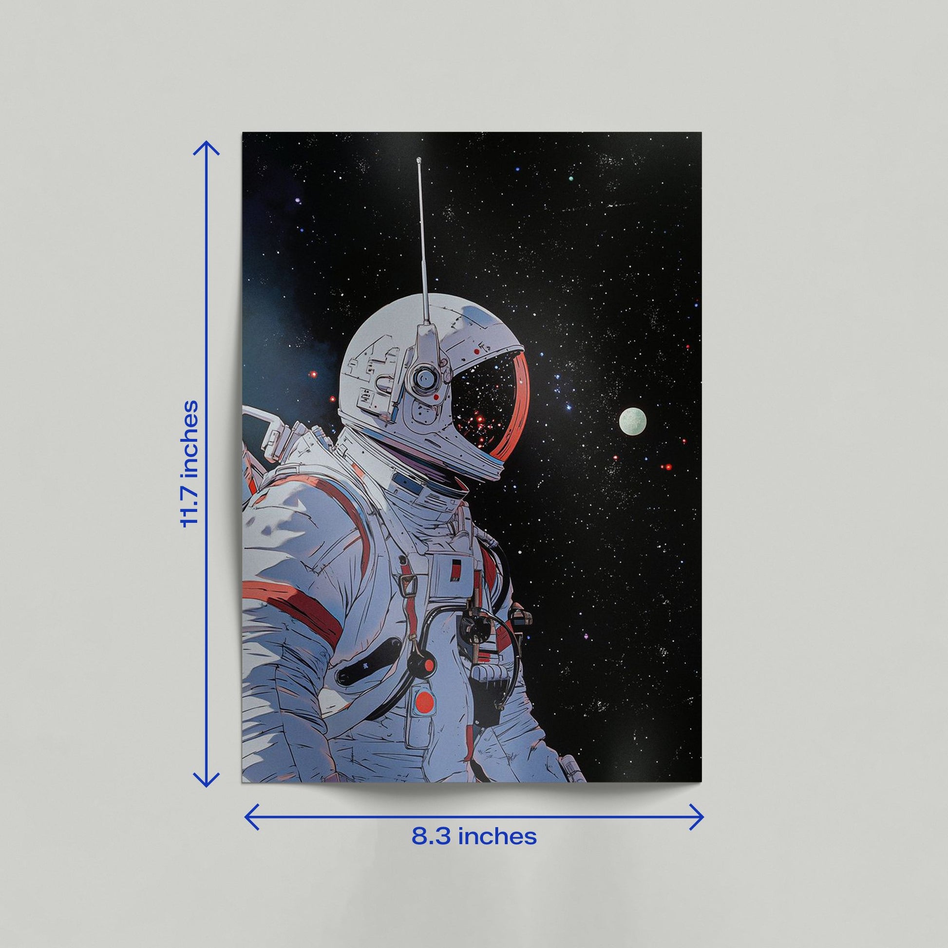 Astronaut space voyager sci-fi poster leaning against a wall in a modern room for aesthetic home decor.