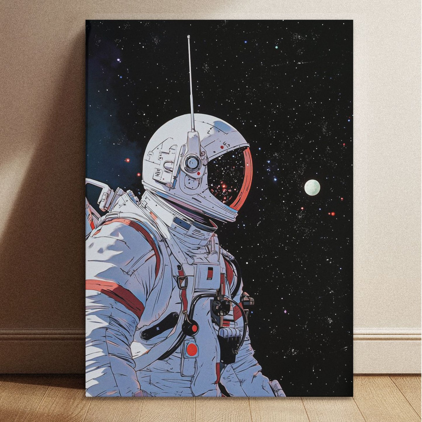 Astronaut space voyager wall art in 8.3 by 11.7 inch size showing a detailed cosmic galaxy background.