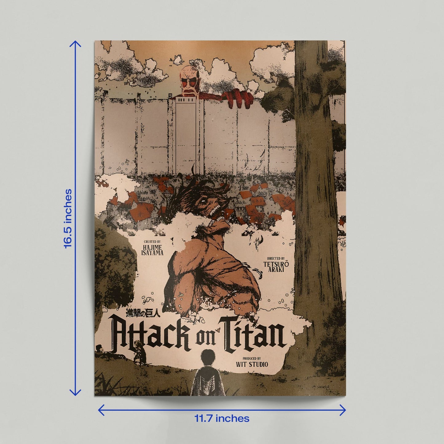 Attack on Titan poster displayed on a white wall in a modern living room setting next to a green plant.