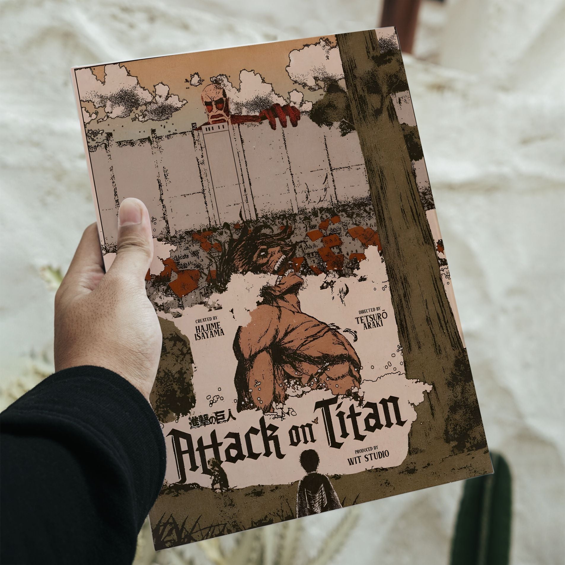 Attack on Titan vintage anime poster featuring the Colossal Titan peering over Wall Maria with Eren Yeager in the foreground.