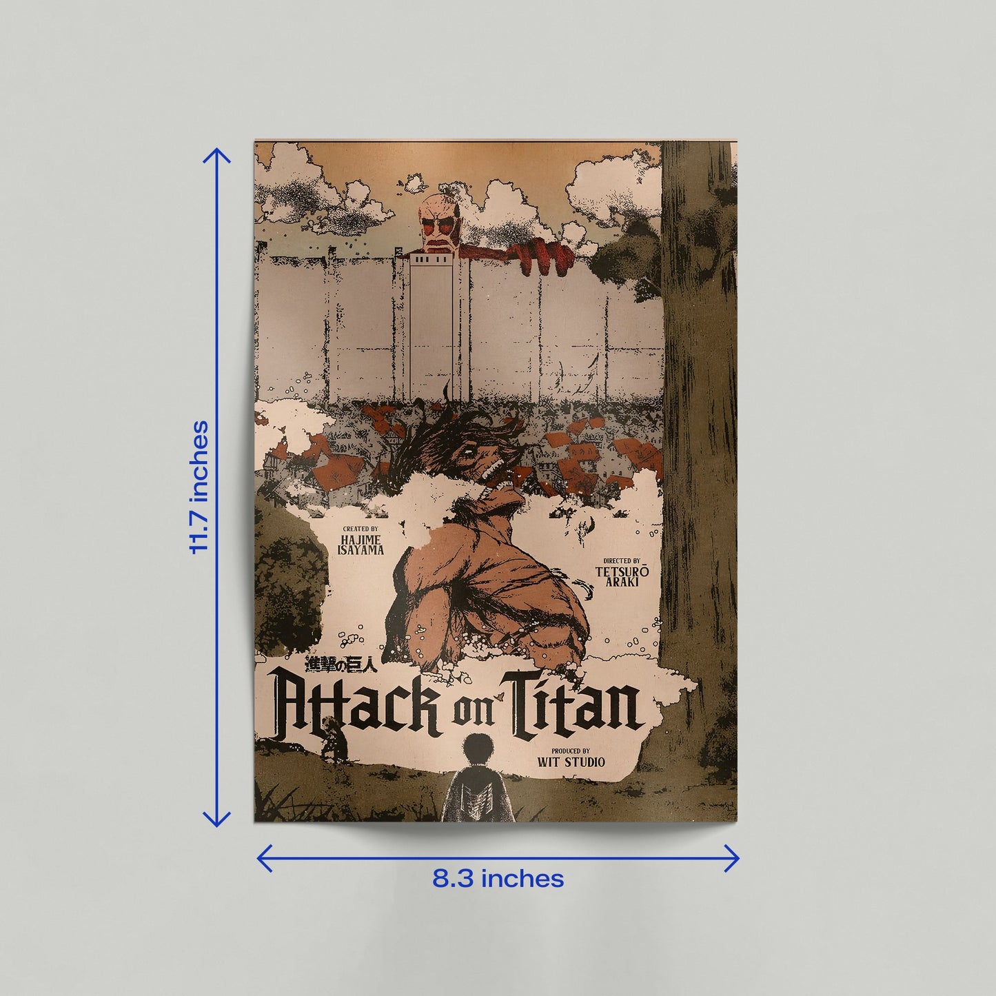 Attack on Titan poster dimensions guide showing 11.7 by 16.5 inch measurements for home decor planning.