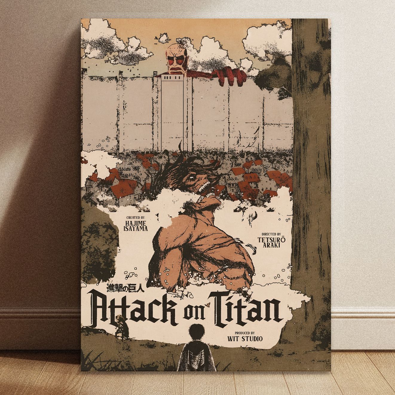 Close-up of Attack on Titan wall art showing detailed vintage texture and high-quality print finish on a textured surface.