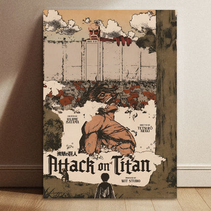 Close-up of Attack on Titan wall art showing detailed vintage texture and high-quality print finish on a textured surface.