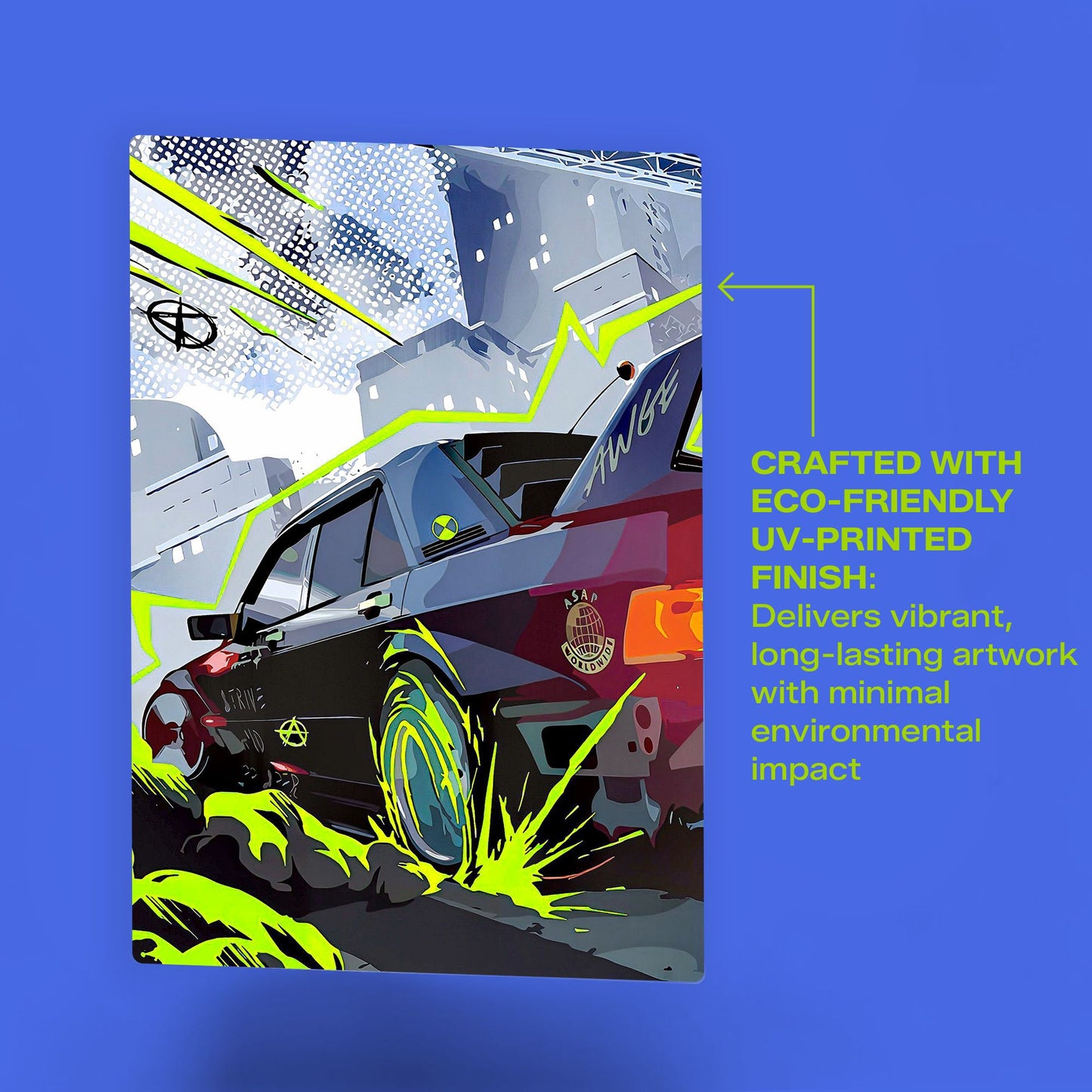BMW M3 E30 automotive wall art metal poster featuring a vibrant eco-friendly UV-printed finish and street race aesthetic.