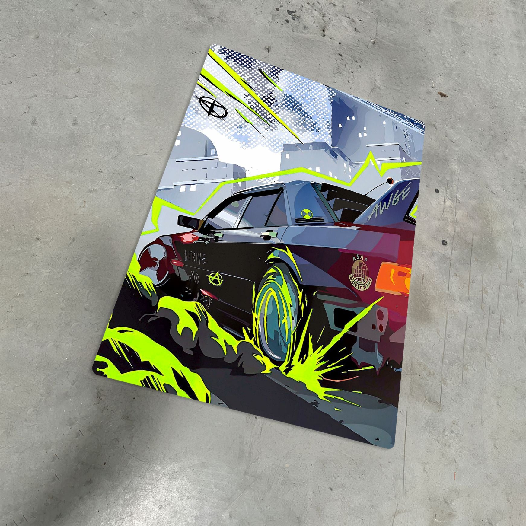 BMW M3 E30 street racing metal poster with a custom graphic design lying on a grey concrete surface.