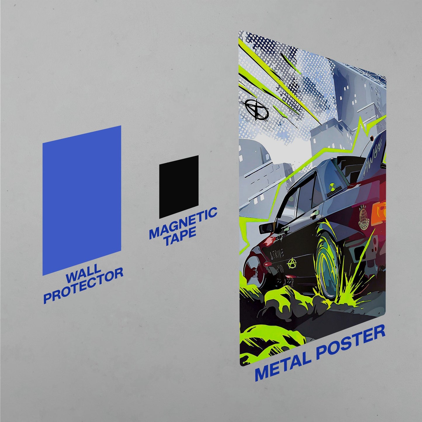 BMW M3 E30 car enthusiast metal poster kit including a blue wall protector and black magnetic tape for mounting.