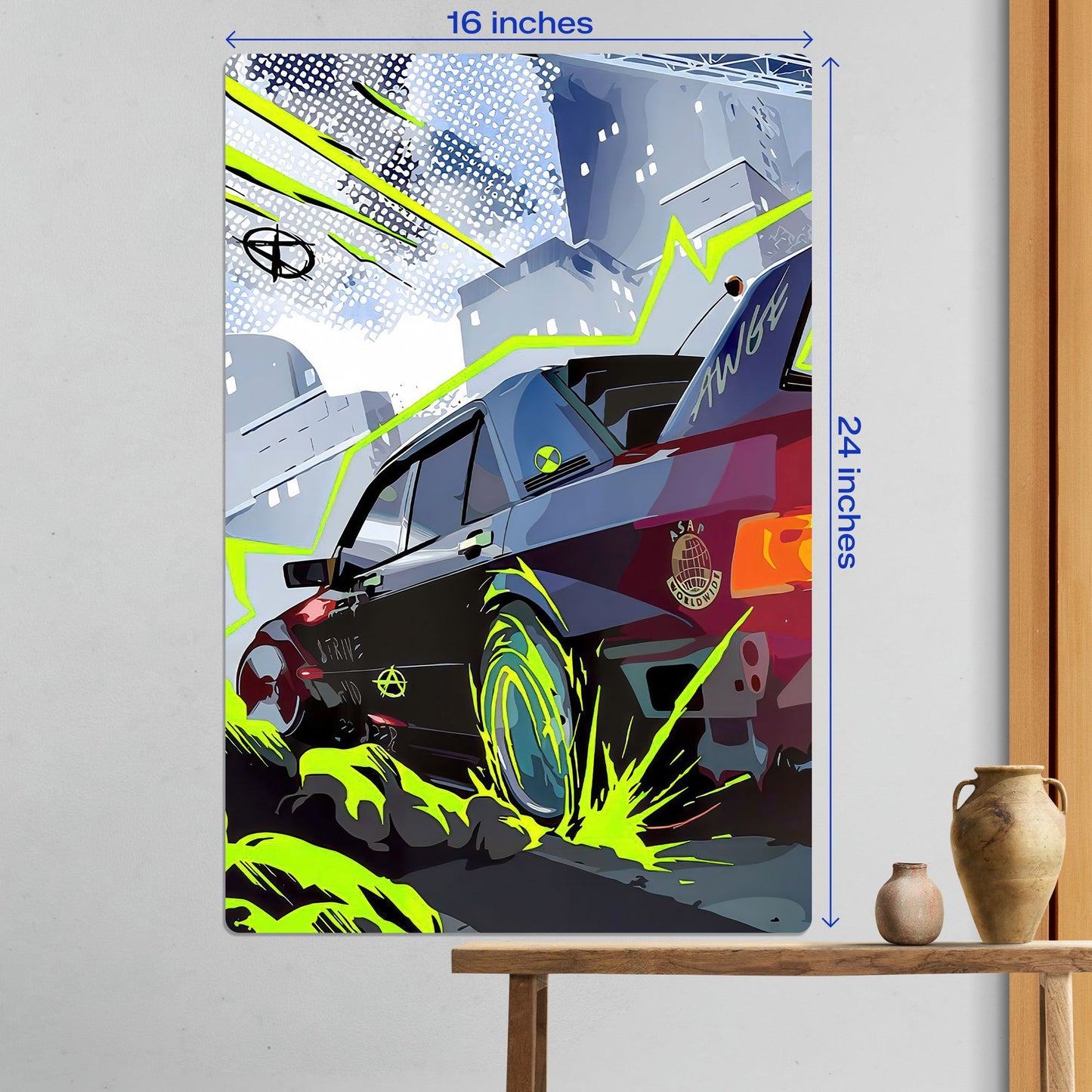 Large 16x24 inch BMW M3 E30 street racing metal poster displayed as modern wall decor above a wooden console table.