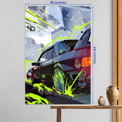 Large 16x24 inch BMW M3 E30 street racing metal poster displayed as modern wall decor above a wooden console table.