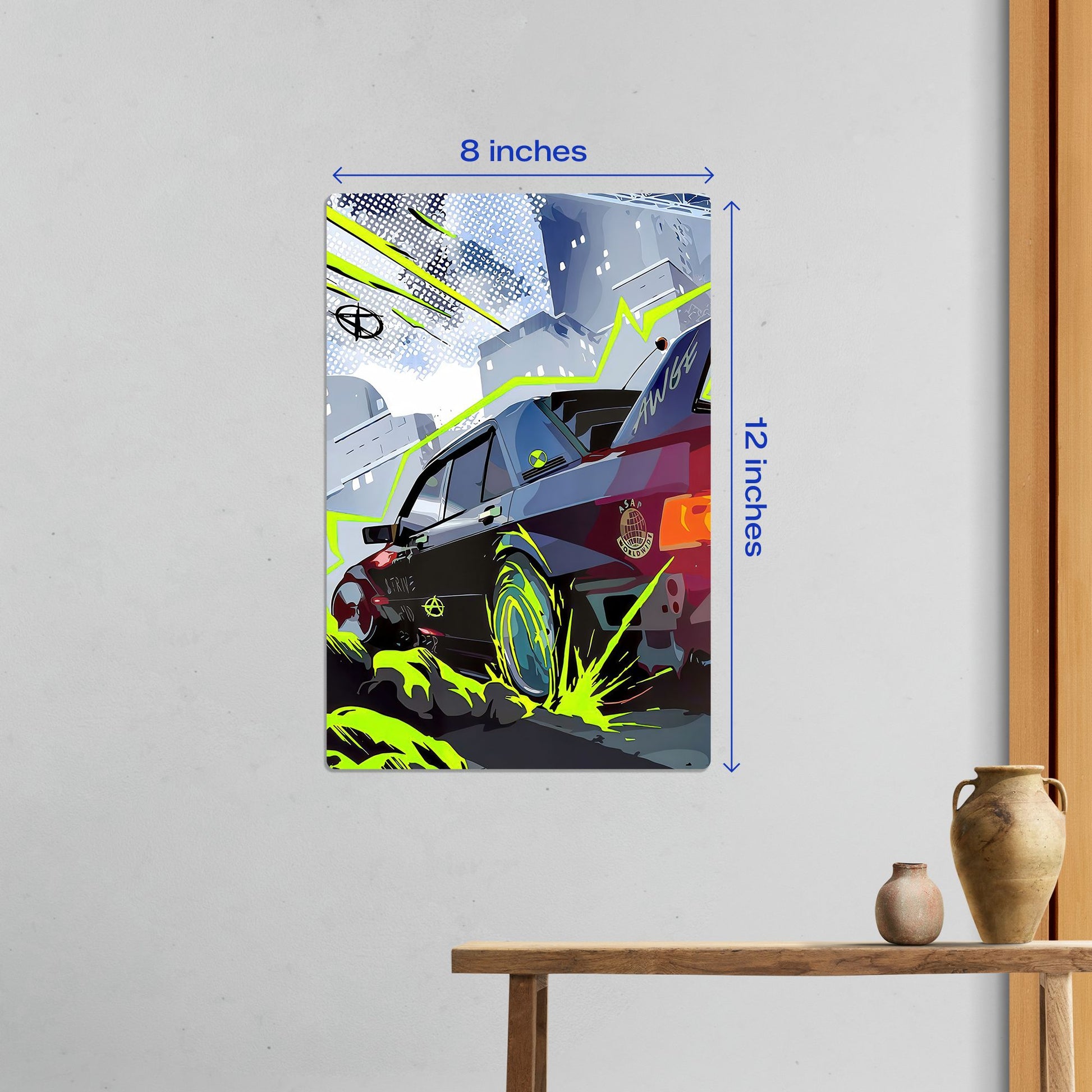Small 8x12 inch BMW M3 E30 custom automotive metal wall art poster styled in a minimalist room setting.