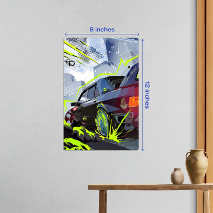 Small 8x12 inch BMW M3 E30 custom automotive metal wall art poster styled in a minimalist room setting.