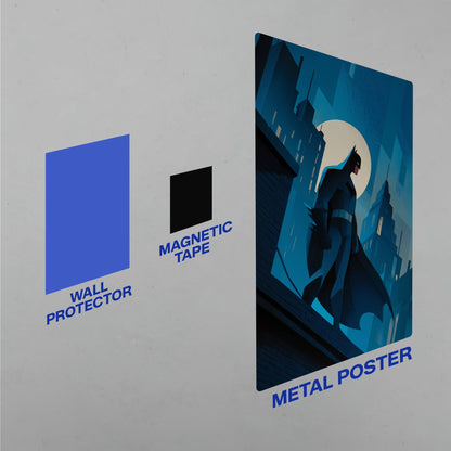 Installation components for a metal Batman poster including a blue wall protector, magnetic tape, and the finished wall-mounted art.