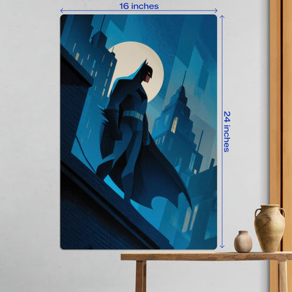Large 16x24 inch Batman Gotham City minimalist metal poster displayed on a white wall above a wooden console table.