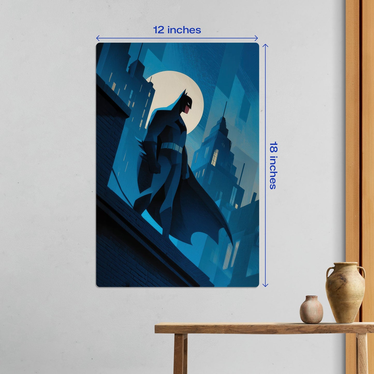 Medium 12x18 inch Batman Gotham City minimalist metal poster mounted on a wall to demonstrate dimensions and scale.