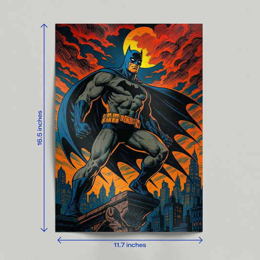 Handheld view of a Batman Gotham Knight comic book art print showcasing vibrant orange clouds and a dark blue caped crusader silhouette.