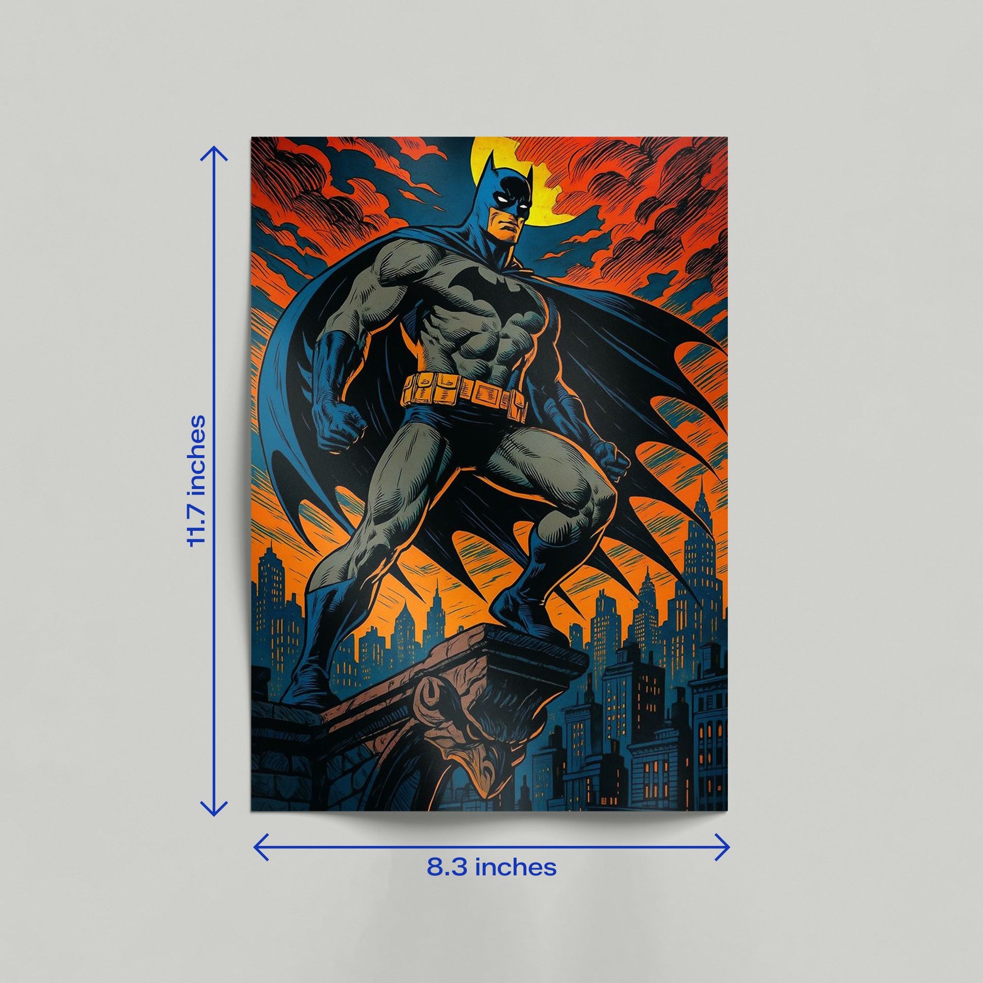 Vertical canvas wall art of Batman Gotham Knight in a classic comic style leaning against a room wall to demonstrate home decor scale.