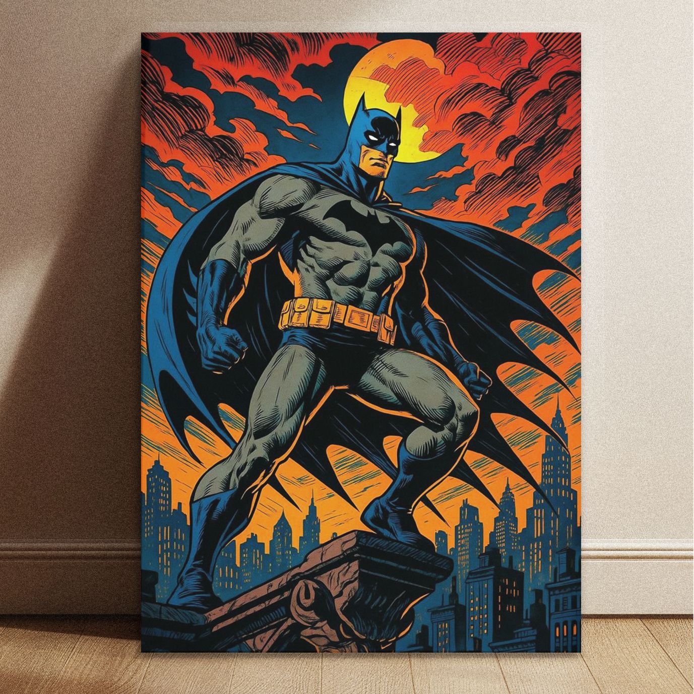 Batman Gotham Knight comic book poster in A4 size measuring 8.3 by 11.7 inches featuring a muscular Batman overlooking a stylized Gotham City.