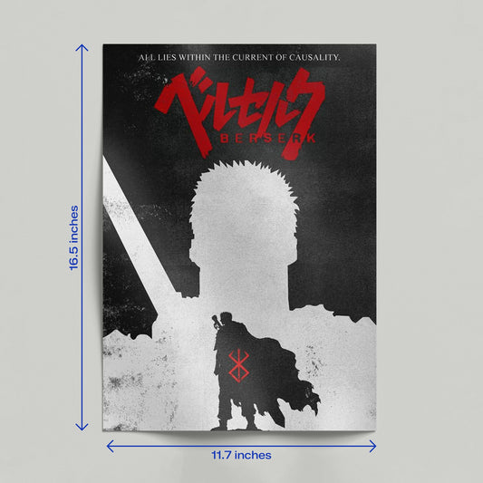 Close-up of high-quality print detail on Berserk Guts poster showing the red Brand of Sacrifice symbol and textured paper finish.