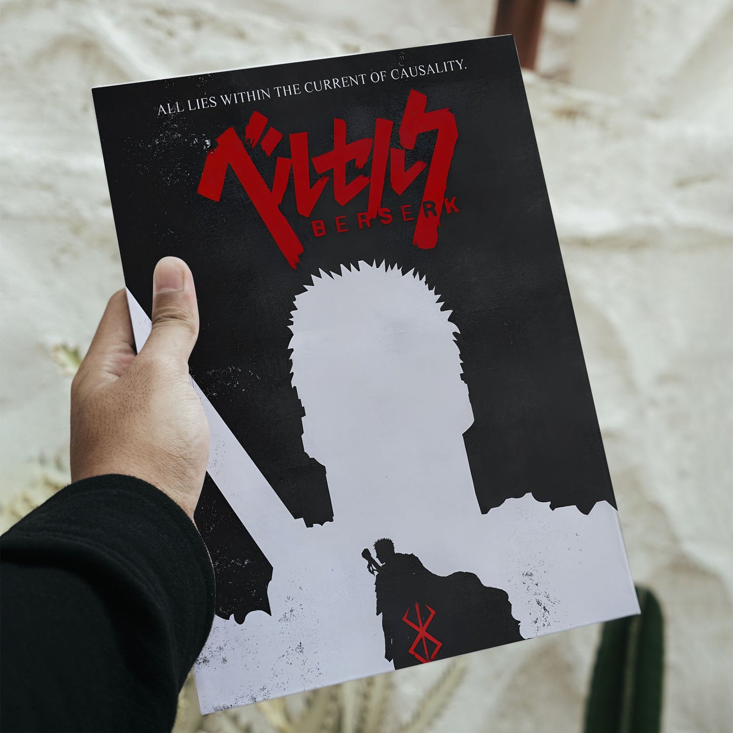 Minimalist Berserk anime poster featuring Guts silhouette with Brand of Sacrifice and Dragon Slayer sword on black and white background.