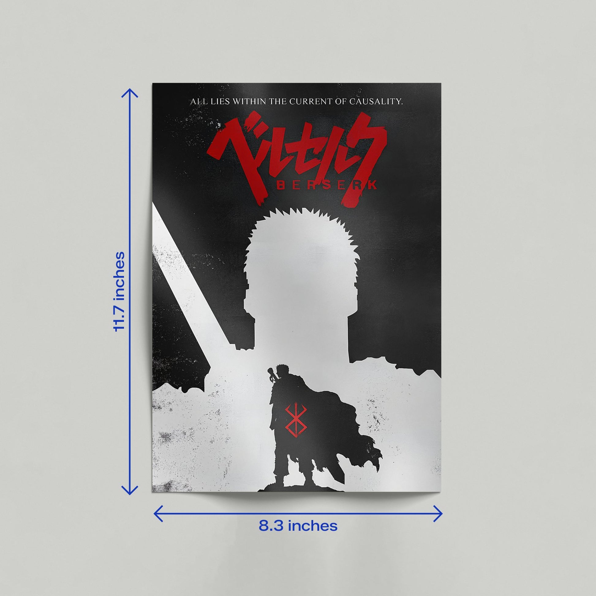 Lifestyle shot of Berserk Guts minimalist shadow poster displayed in a modern frame on a wooden shelf next to a plant.