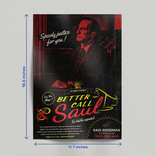 A hand holding up a vintage Better Call Saul lawyer advertisement poster outdoors against a blurred white textured background.