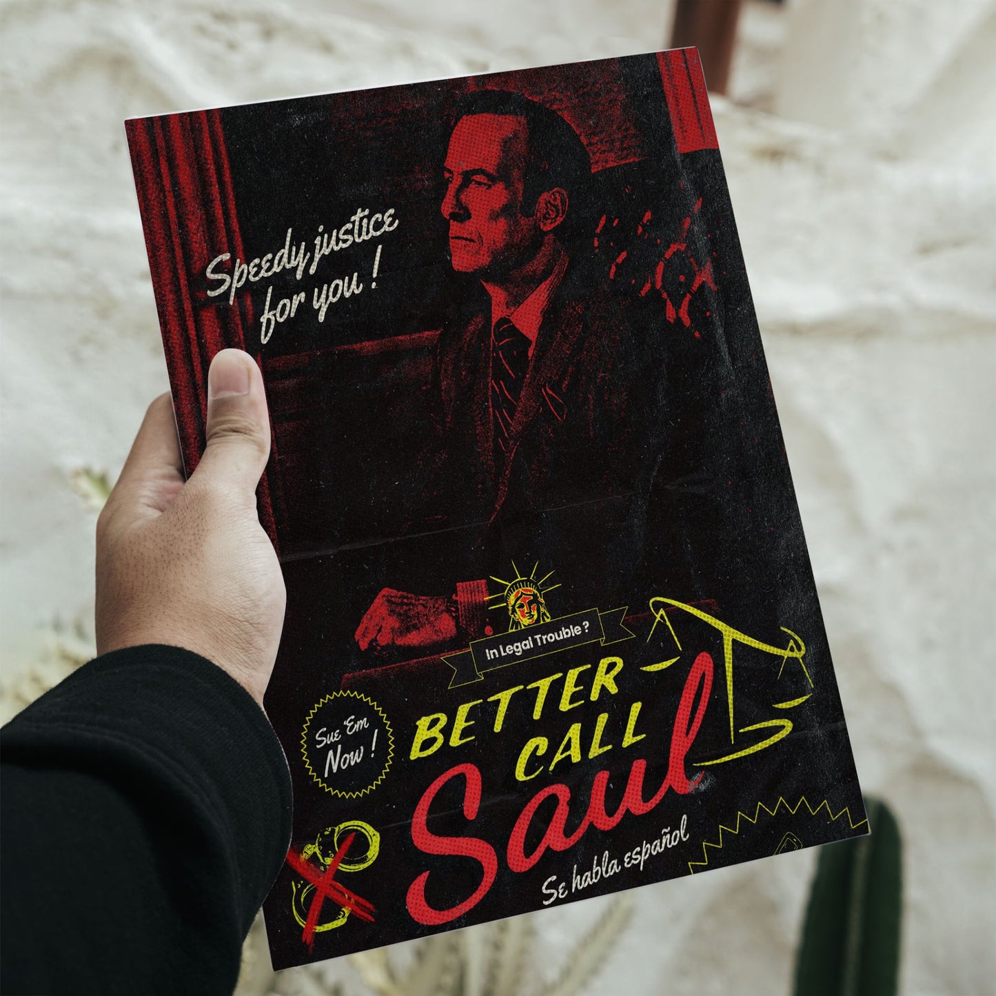 Large vintage Better Call Saul lawyer advertisement poster featuring Saul Goodman with dimensions indicated as 16.5 inches height by 11.7 inches width.