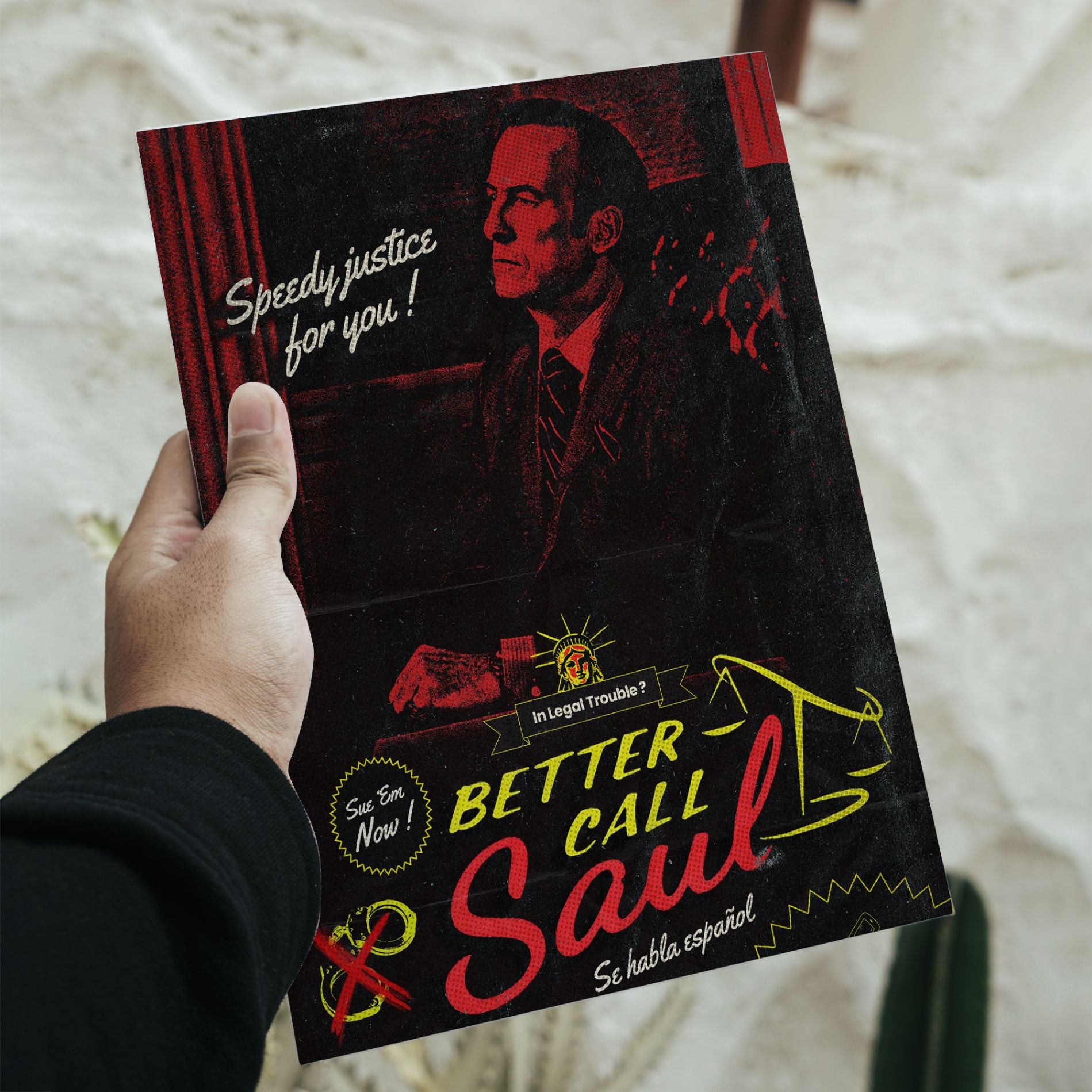 Large vintage Better Call Saul lawyer advertisement poster featuring Saul Goodman with dimensions indicated as 16.5 inches height by 11.7 inches width.