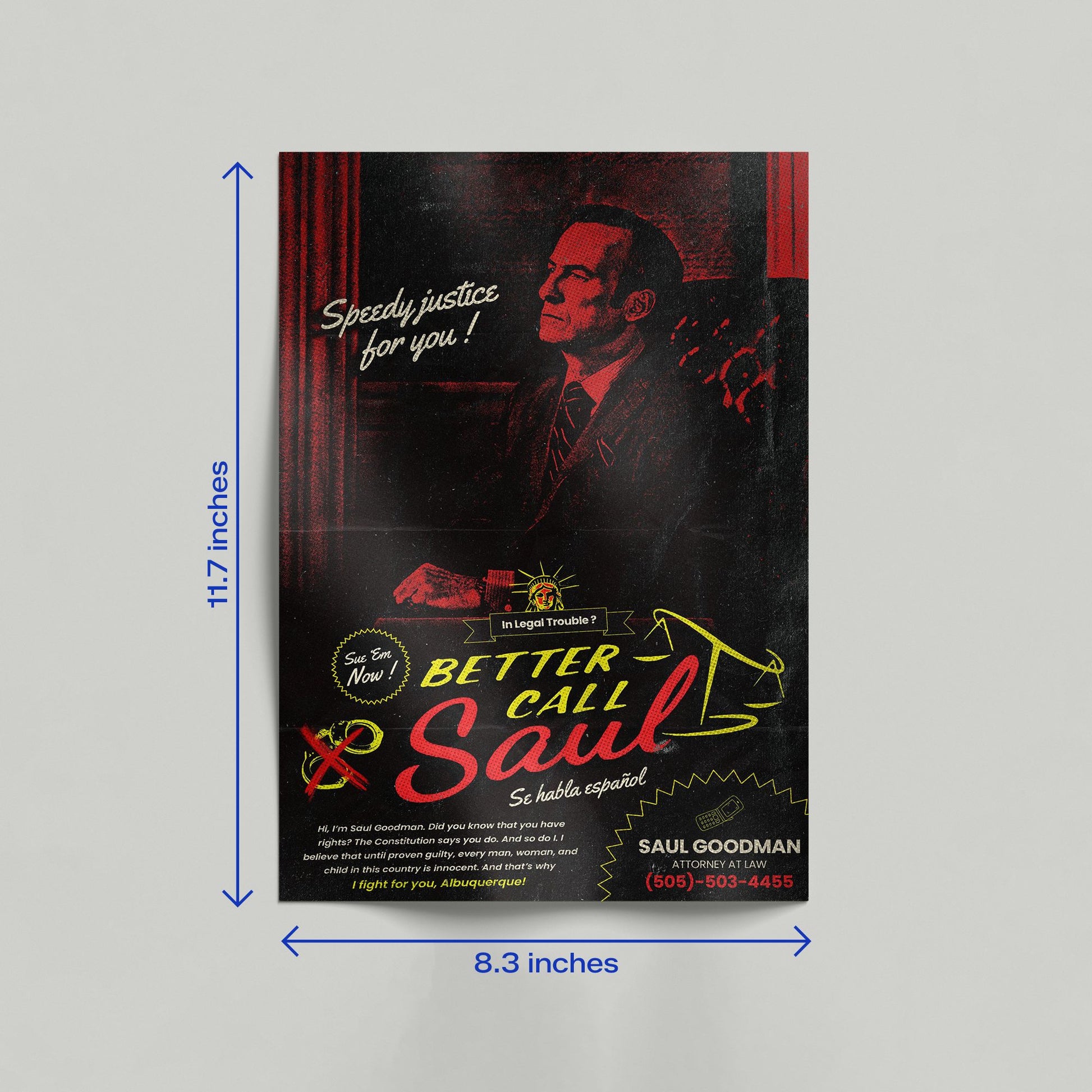 Vintage Better Call Saul lawyer advertisement poster leaning against a beige wall on a wooden floor.