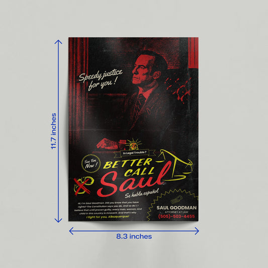 Vintage Better Call Saul lawyer advertisement poster leaning against a beige wall on a wooden floor.