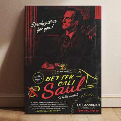 Vintage Better Call Saul lawyer advertisement poster featuring Saul Goodman with dimensions indicated as 11.7 inches height by 8.3 inches width.