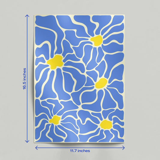 Hand holding a blue floral abstract organic pattern poster with vibrant blue and yellow minimalist artwork.