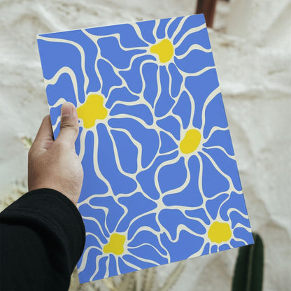 Large 11.7 by 16.5 inch blue floral abstract organic pattern poster with vibrant blue petals and yellow centers.