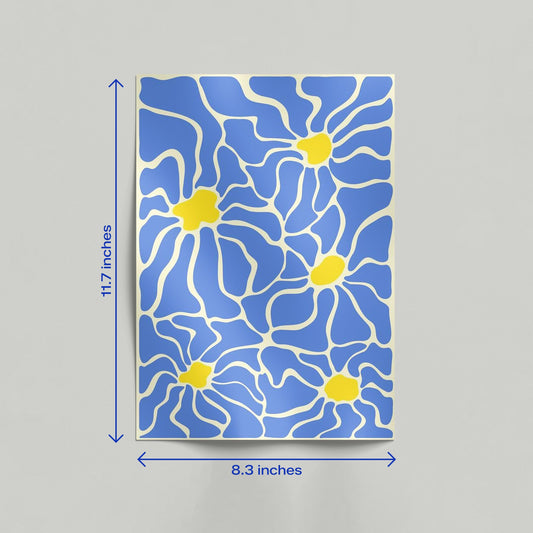 Blue floral abstract organic pattern art print leaning against a wall in a clean home interior.