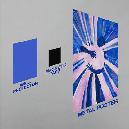 Product guide for a metal poster showing the wall protector, magnetic tape, and the finished artwork.