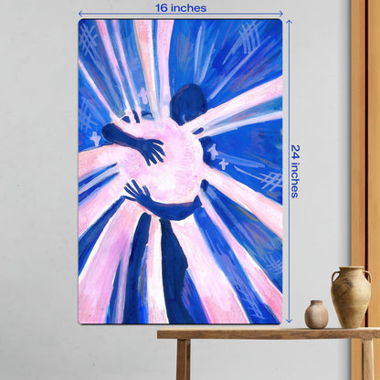 Large 16 by 24 inch blue and pink abstract hug metal poster displayed on a minimalist wall above a wooden table.