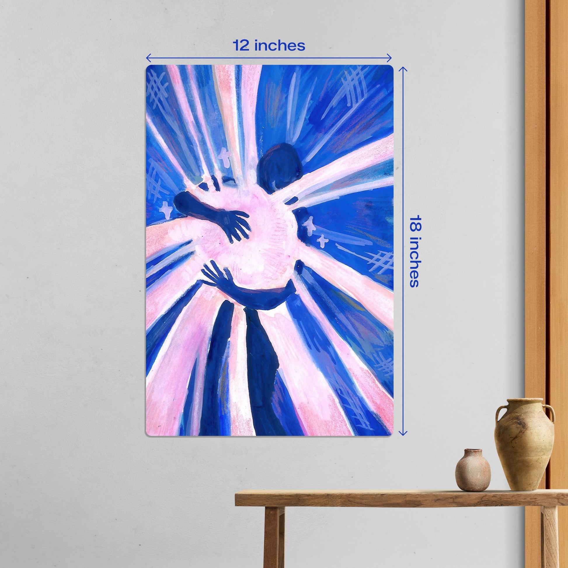 Medium 12 by 18 inch blue and pink abstract hug metal wall art with dimensions indicated for home styling.