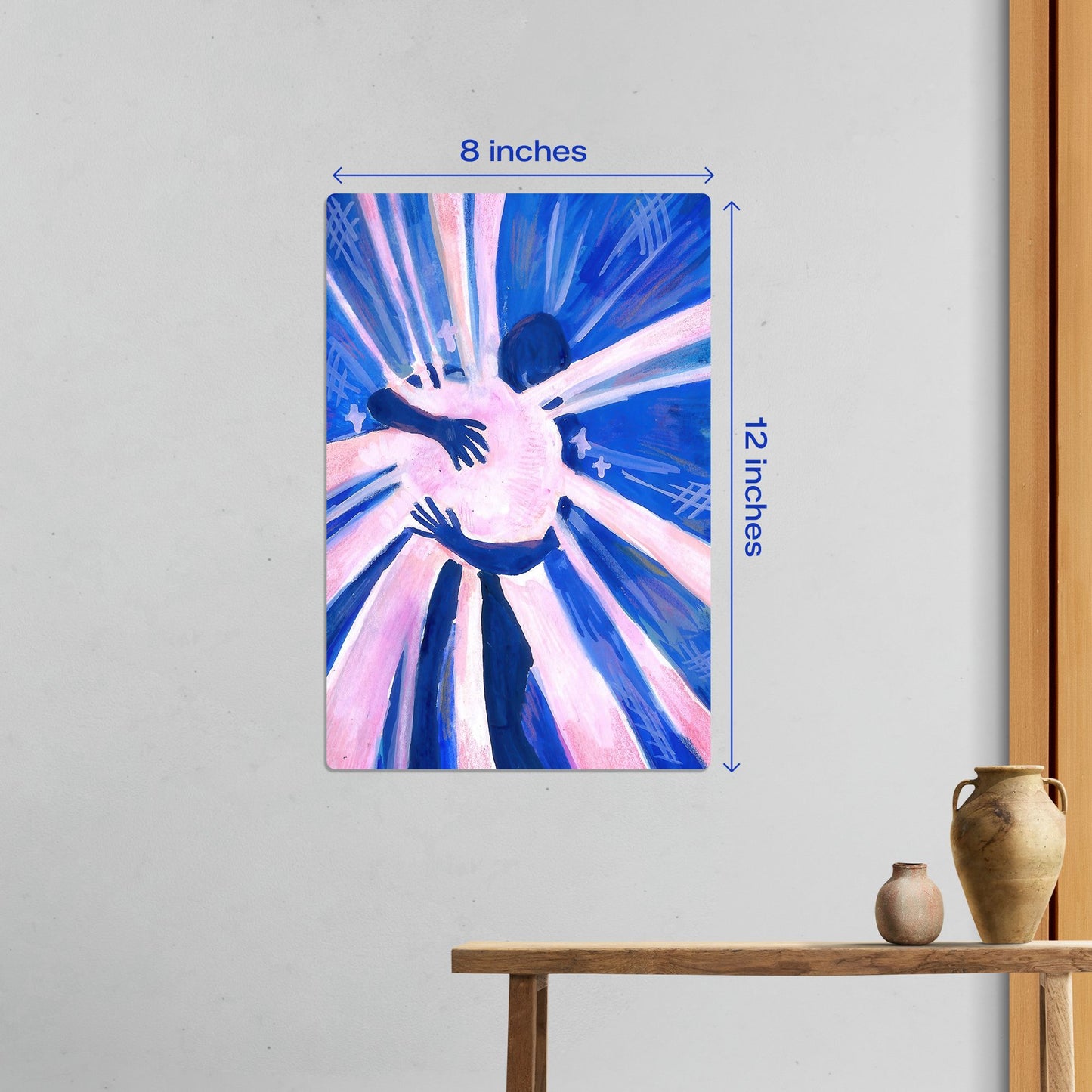Small 8 by 12 inch abstract hug illustration metal poster shown in a home decor setting with size dimensions.