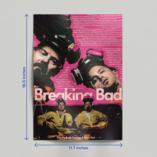 Hand holding a Breaking Bad pink collage art print with a retro 70s aesthetic featuring Walter White and Jesse Pinkman.