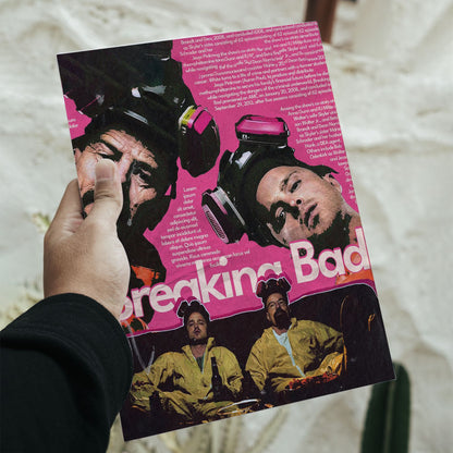 Breaking Bad pink collage art poster with 16.5 by 11.7 inch dimensions featuring Walter White and Jesse Pinkman in gas masks.